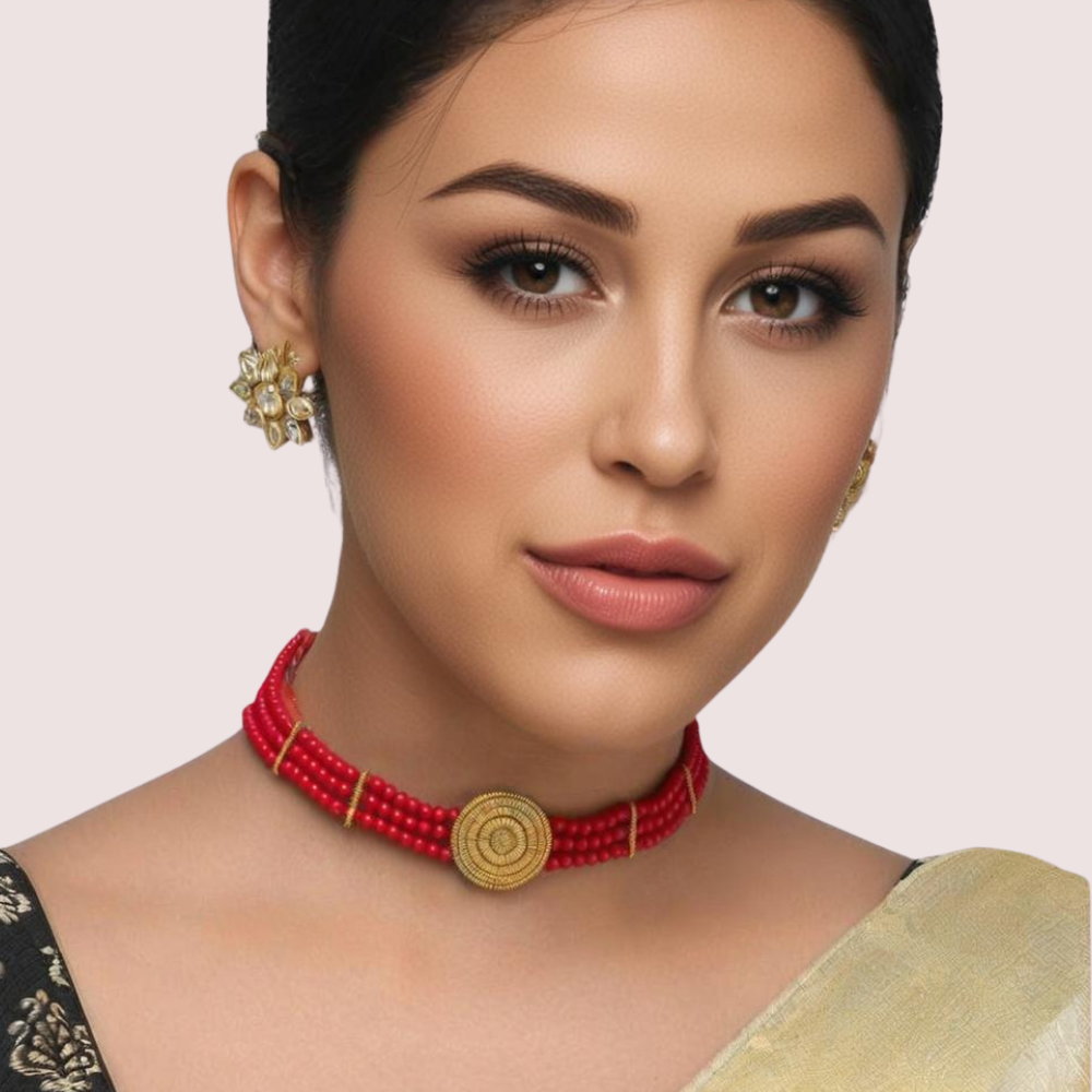 Bold Elegance Red Beaded Necklace with Ornate Gold Medallion