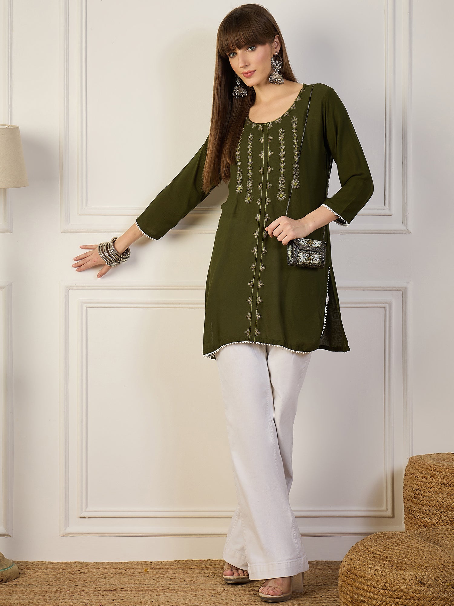 OLIVE BLOSSOM | MEHENDI Floral Embroidered Short Kurta