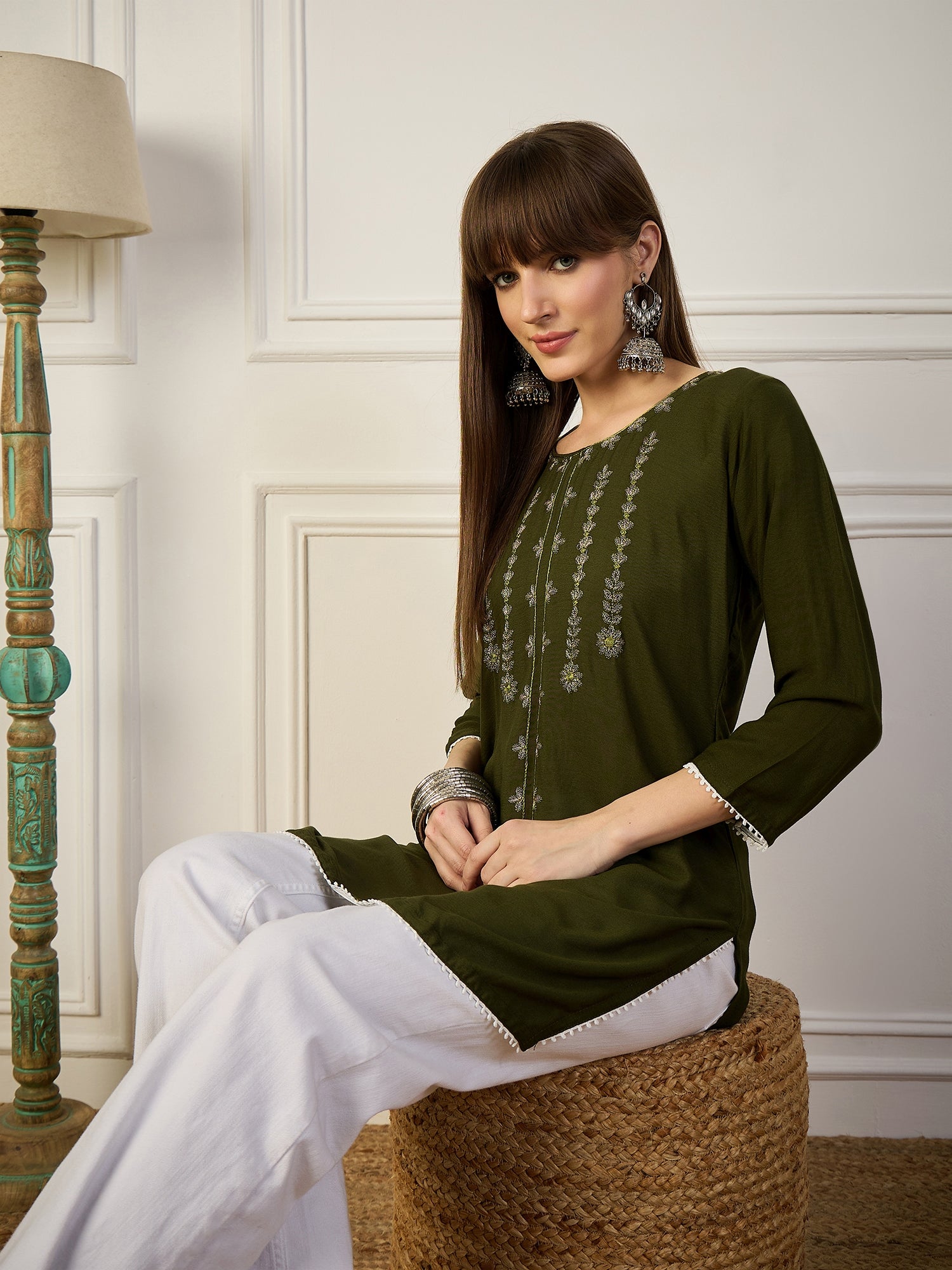 OLIVE BLOSSOM | MEHENDI Floral Embroidered Short Kurta