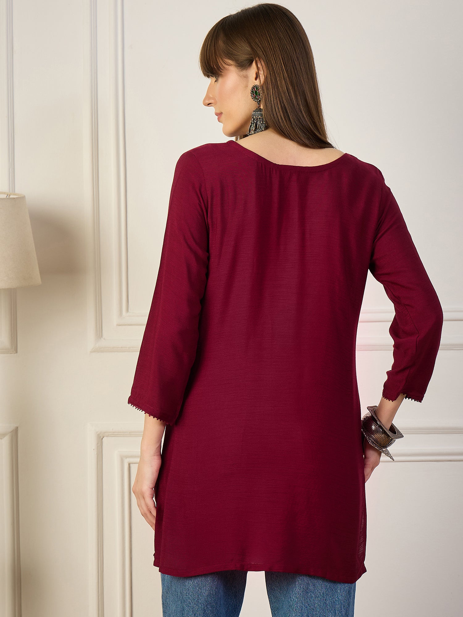 BOHEMIAN BLOSSOM | Burgundy Floral Embroidered Short Kurta