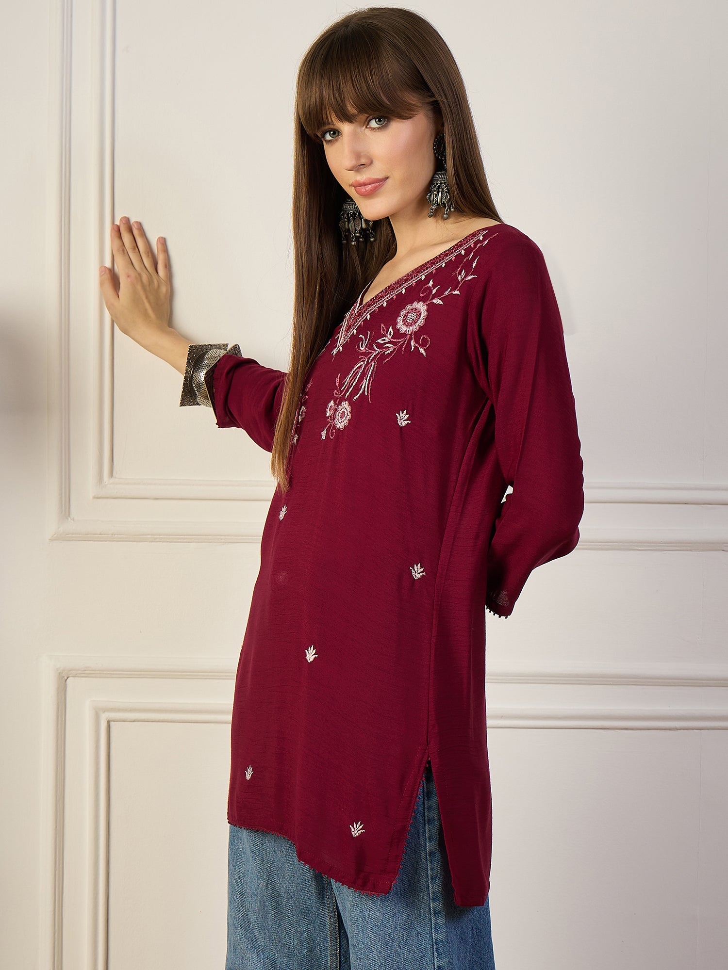BOHEMIAN BLOSSOM | Burgundy Floral Embroidered Short Kurta