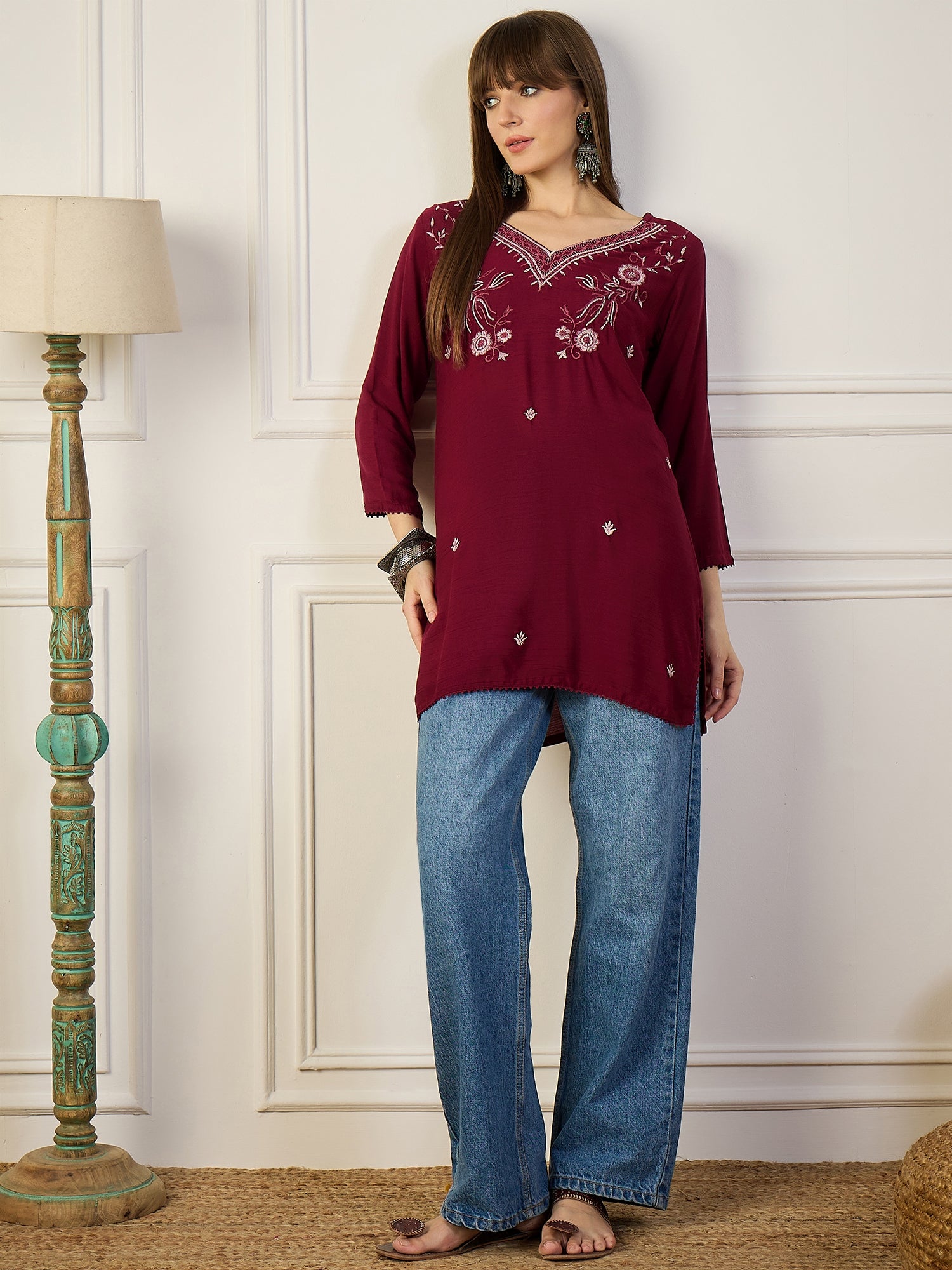 BOHEMIAN BLOSSOM | Burgundy Floral Embroidered Short Kurta