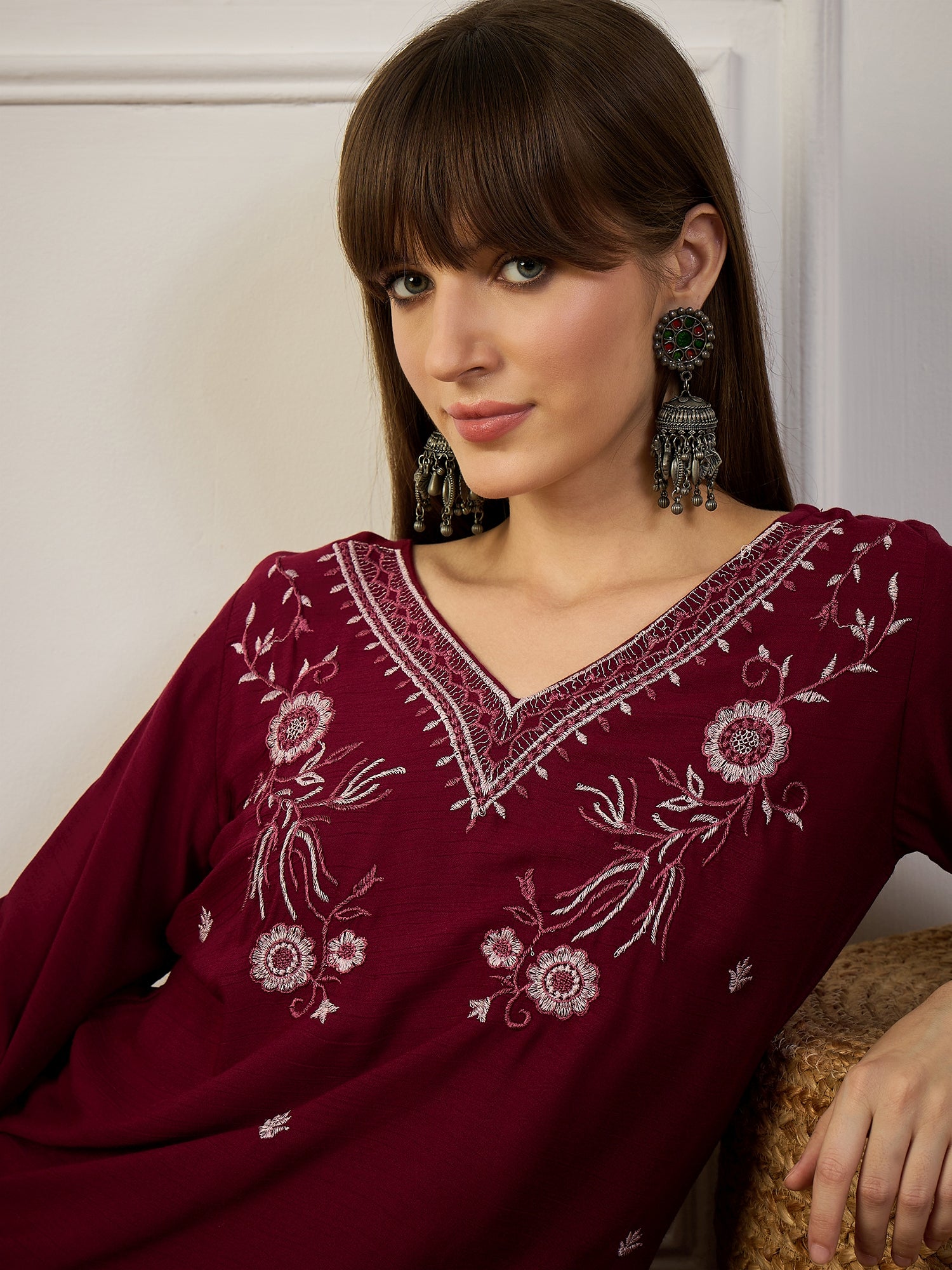 BOHEMIAN BLOSSOM | Burgundy Floral Embroidered Short Kurta