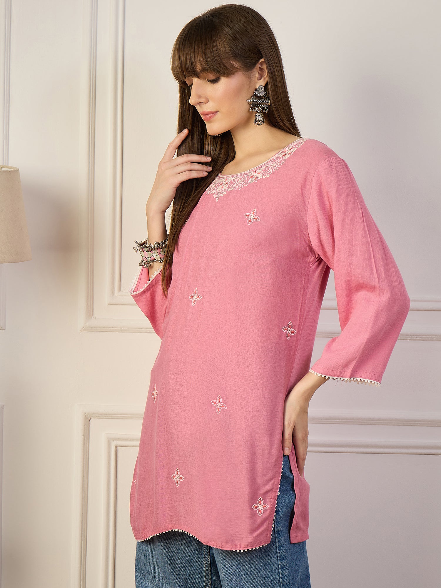ROSE GARDEN | Pink Floral Embroidered Short Kurta