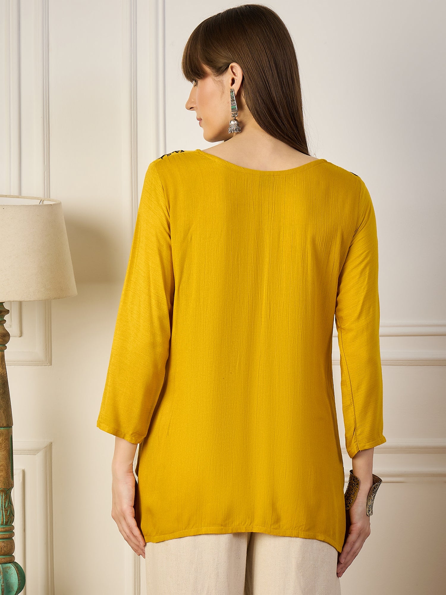 SUN-KISSED CHARM | Mustard Yellow Floral Embroidered Short Kurta