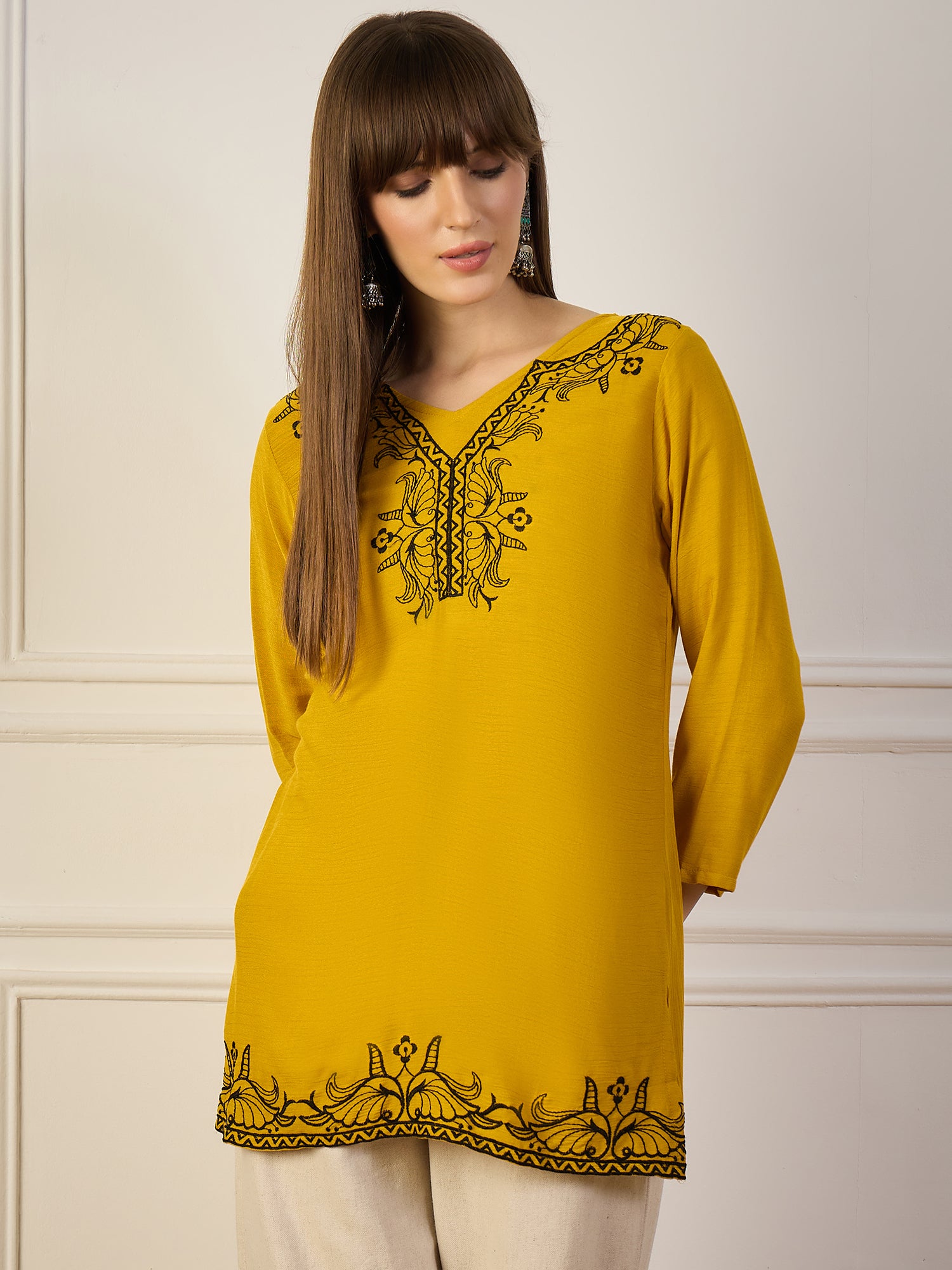 SUN-KISSED CHARM | Mustard Yellow Floral Embroidered Short Kurta