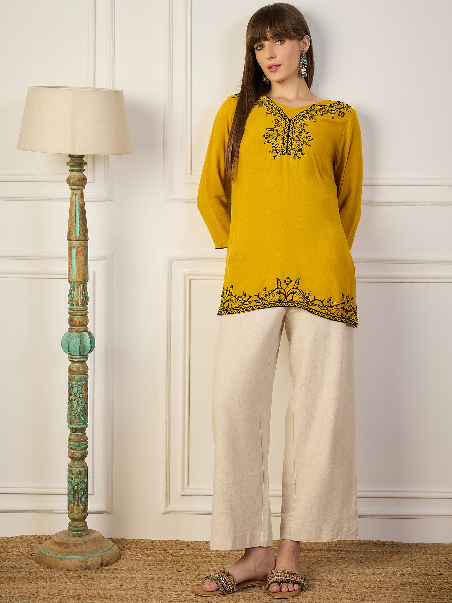 SUN-KISSED CHARM | Mustard Yellow Floral Embroidered Short Kurta