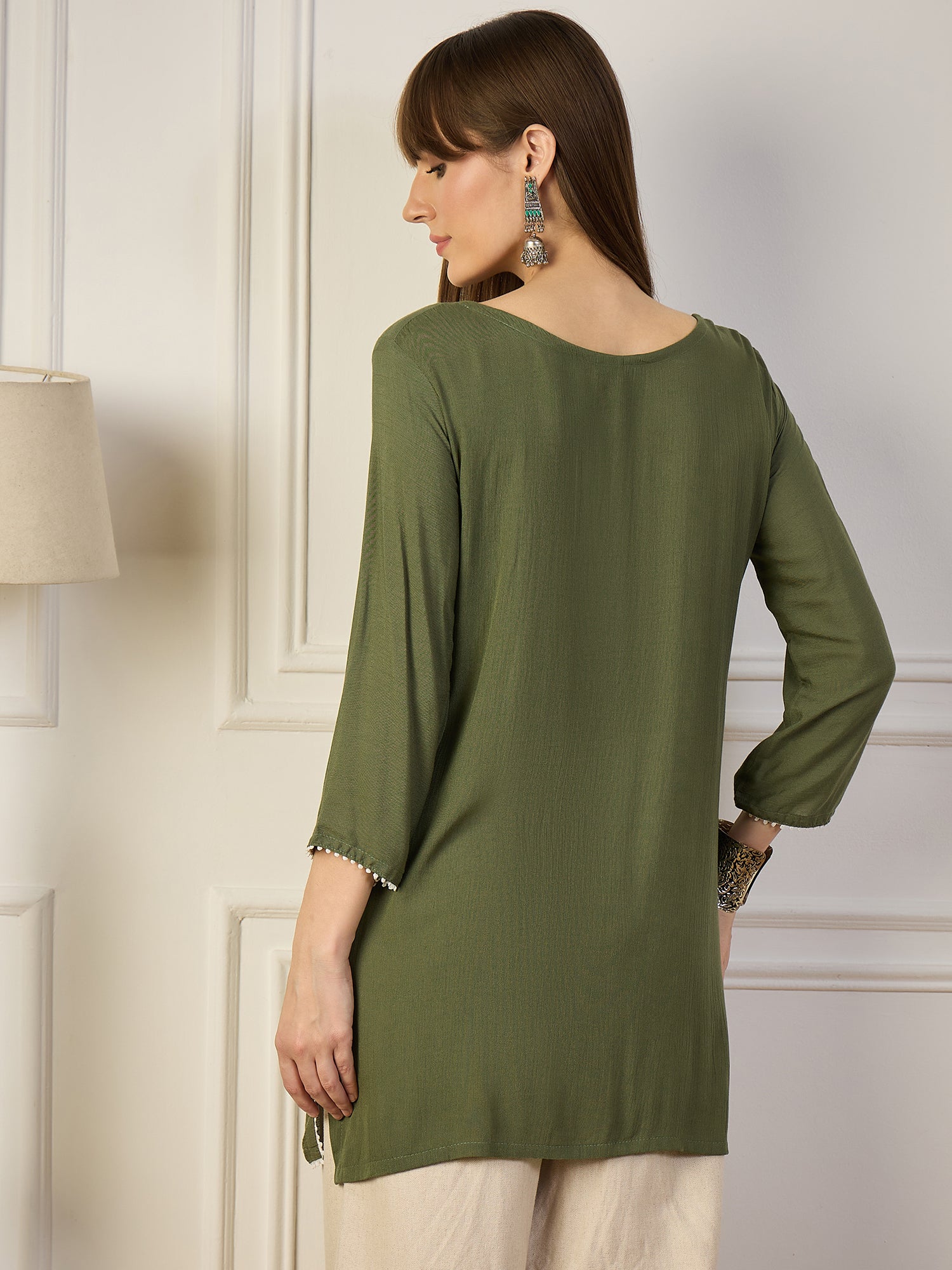 OLIVE BLOSSOM | Green Floral Embroidered Short Kurt