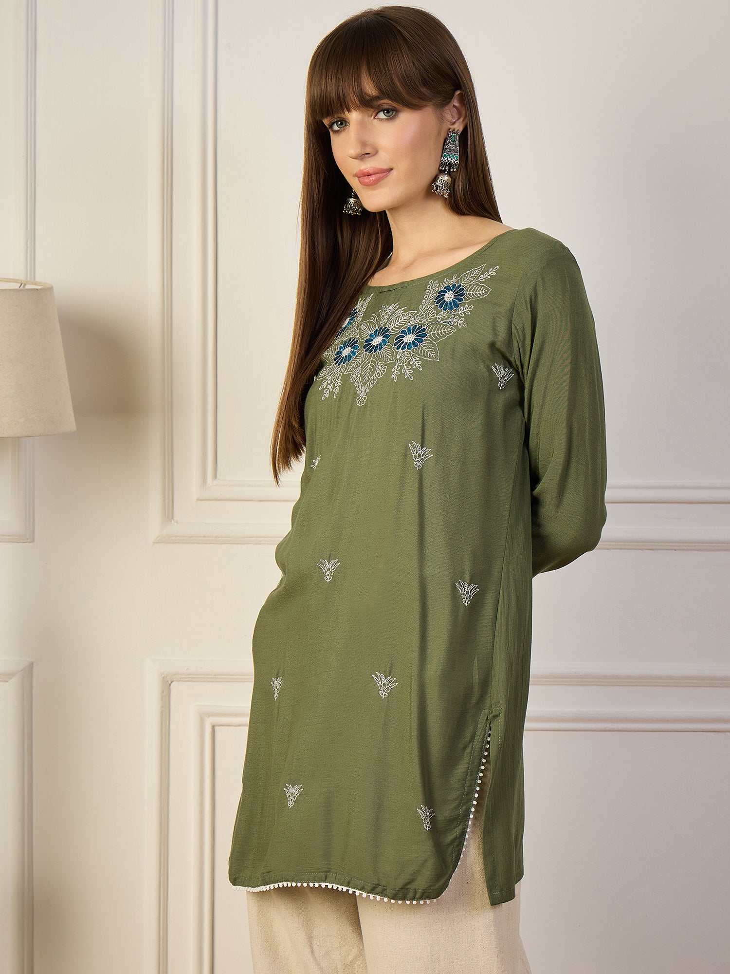 OLIVE BLOSSOM | Green Floral Embroidered Short Kurt