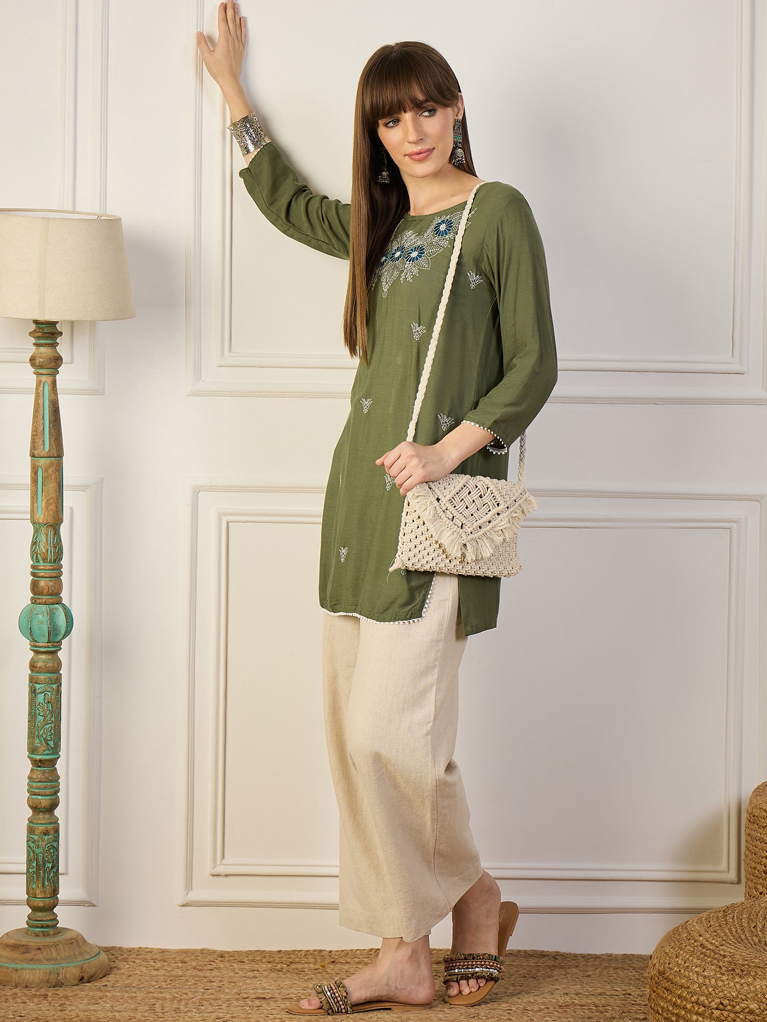 OLIVE BLOSSOM | Green Floral Embroidered Short Kurt