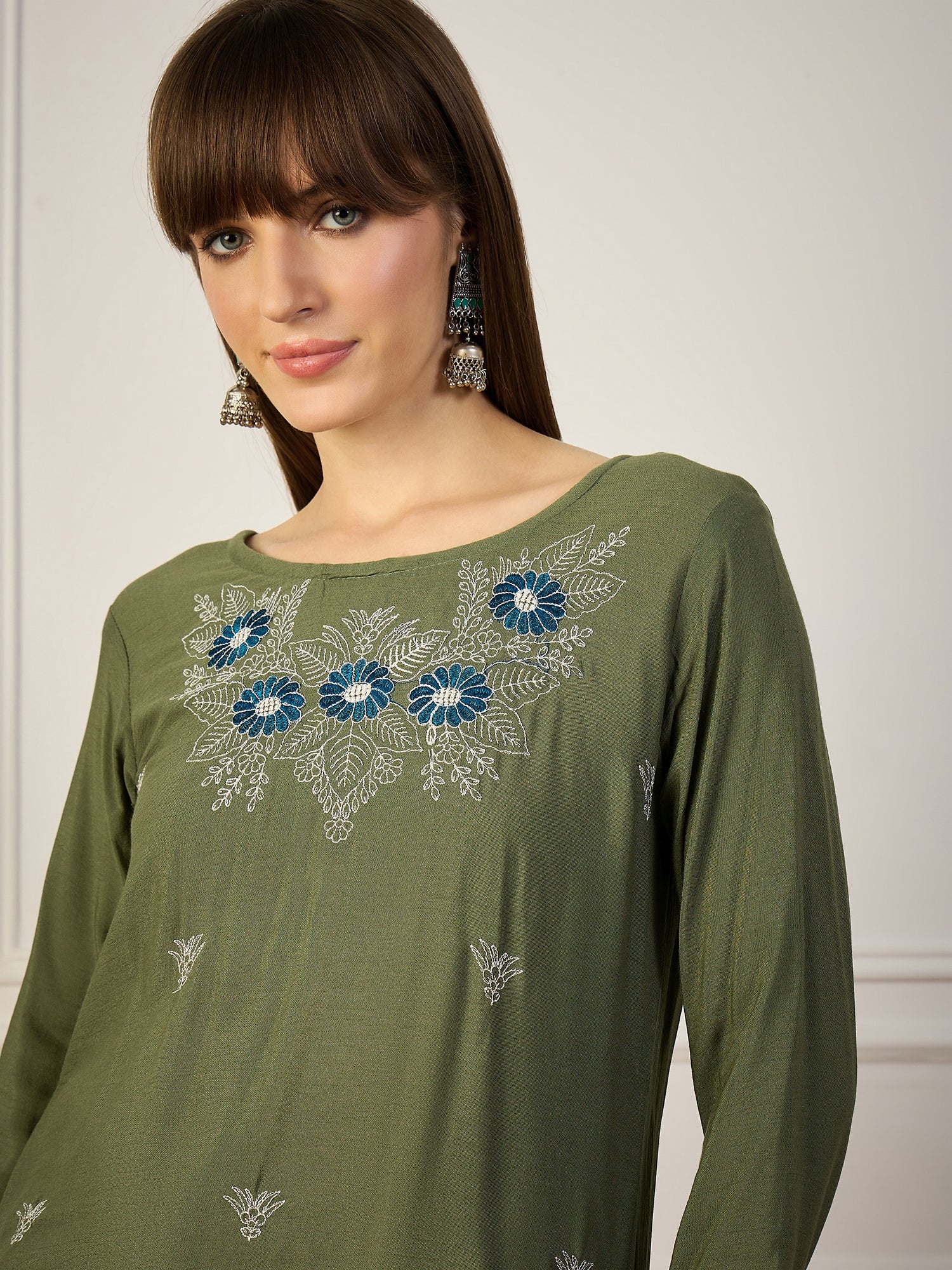 OLIVE BLOSSOM | Green Floral Embroidered Short Kurt