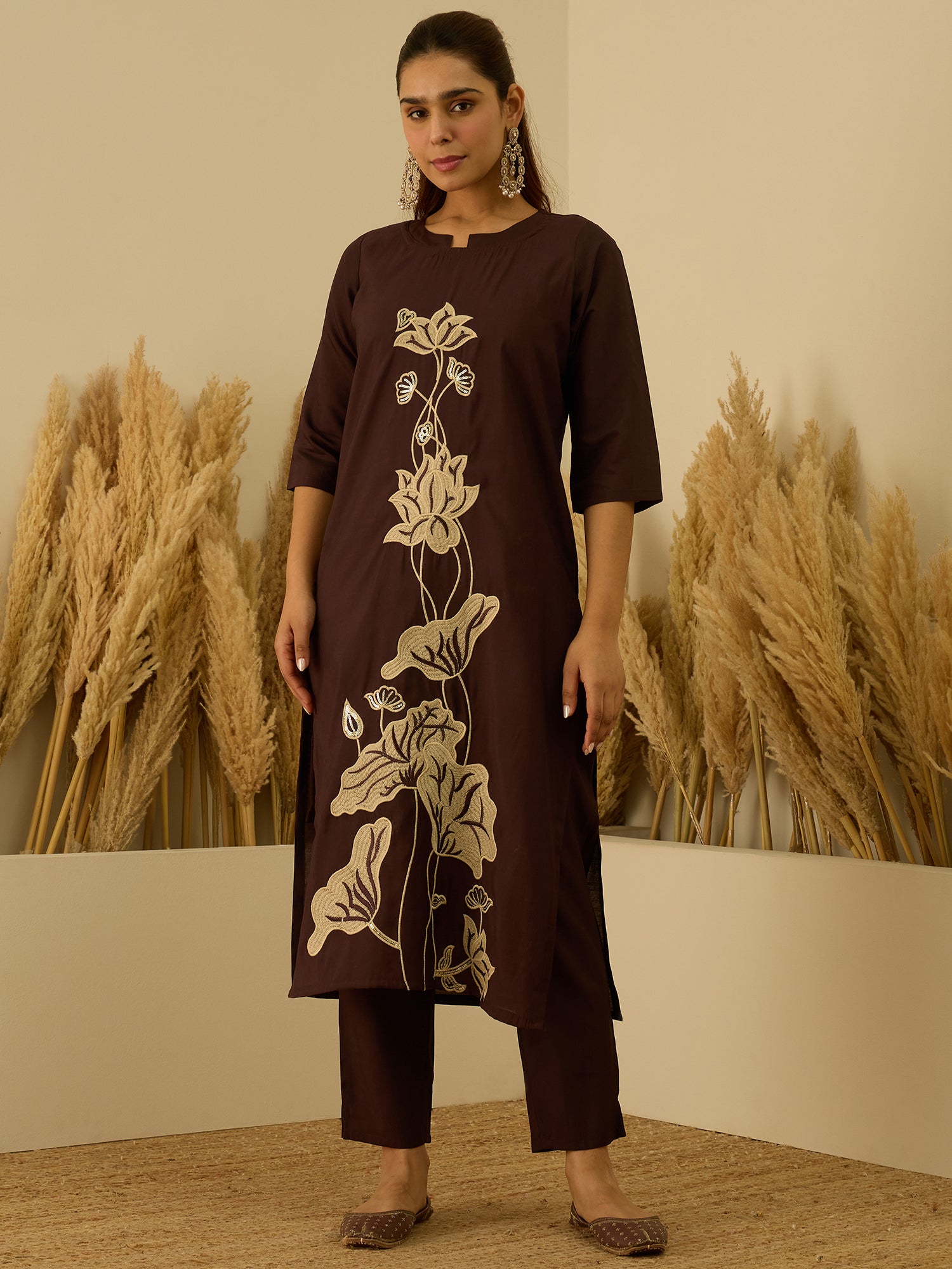 Coffee Silk Straight Kurta Set – Silk Blend with Sequins Embroidery &amp; Dupatta