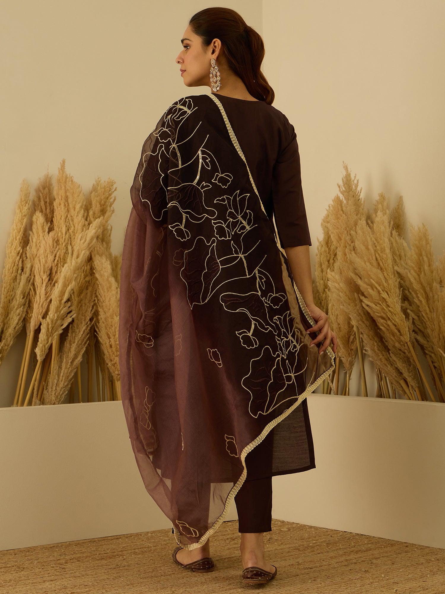Coffee Silk Straight Kurta Set – Silk Blend with Sequins Embroidery &amp; Dupatta