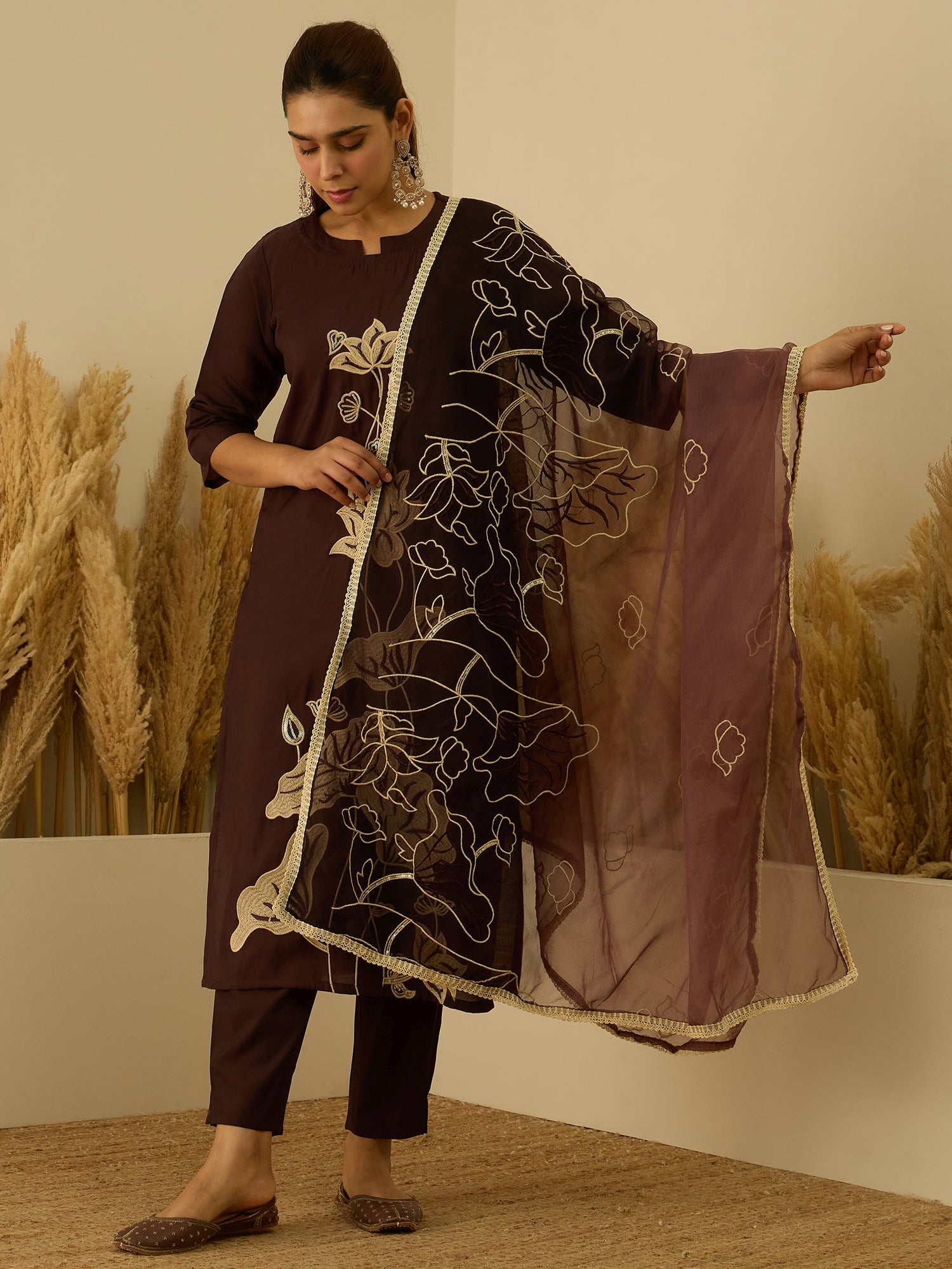 Coffee Silk Straight Kurta Set – Silk Blend with Sequins Embroidery &amp; Dupatta