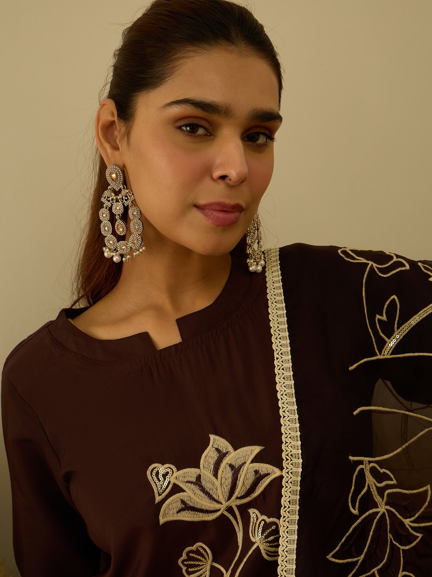 Coffee Silk Straight Kurta Set – Silk Blend with Sequins Embroidery &amp; Dupatta