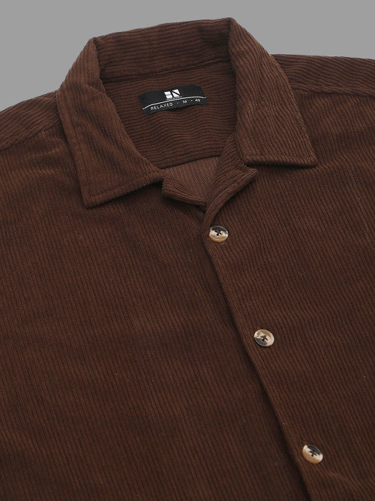 EARTHY TEXTURE | Brown Ribbed Cuban Collar Shirt