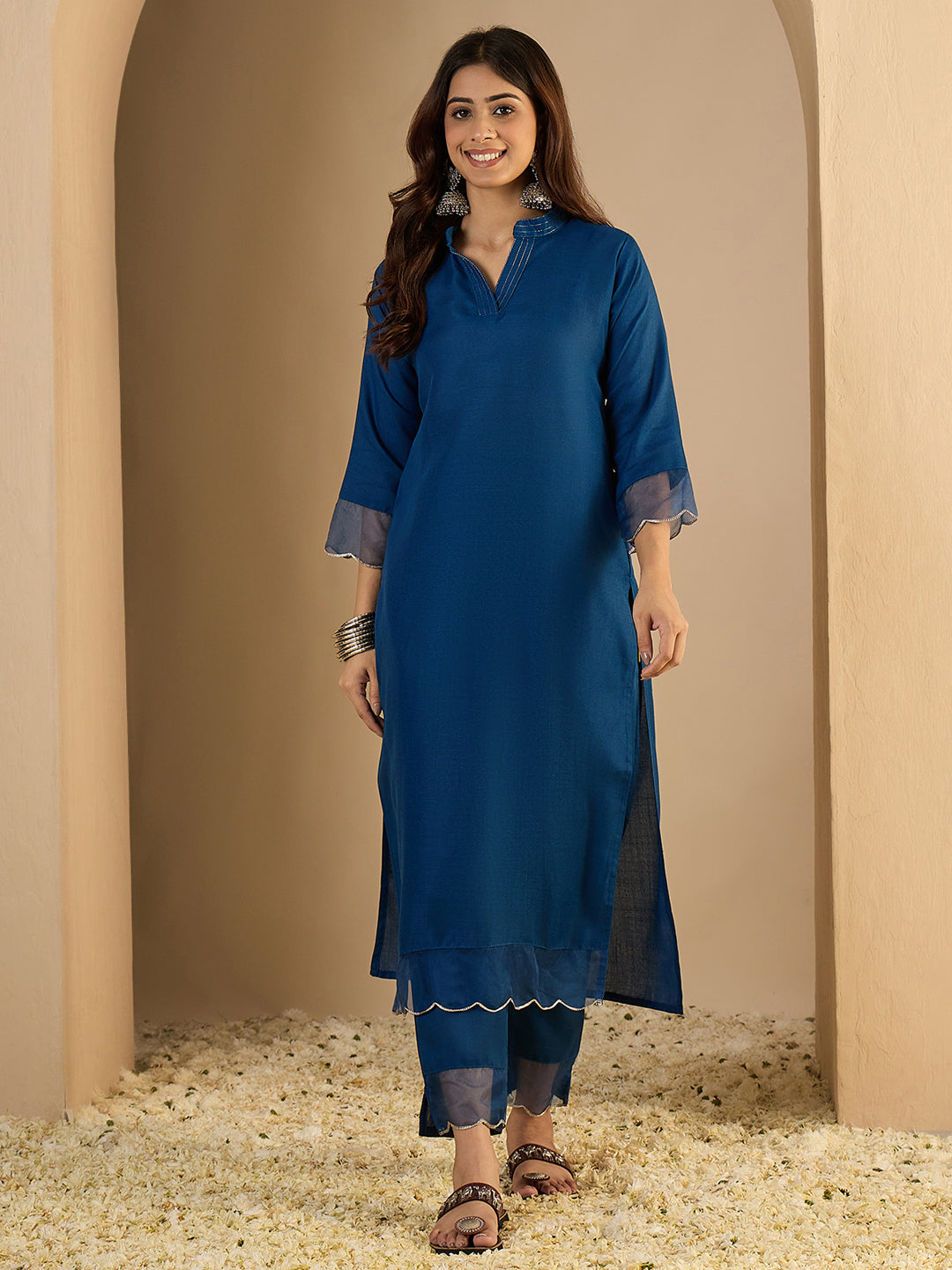N-Blue Women Cotton Blend Straight Kurta Pant Set