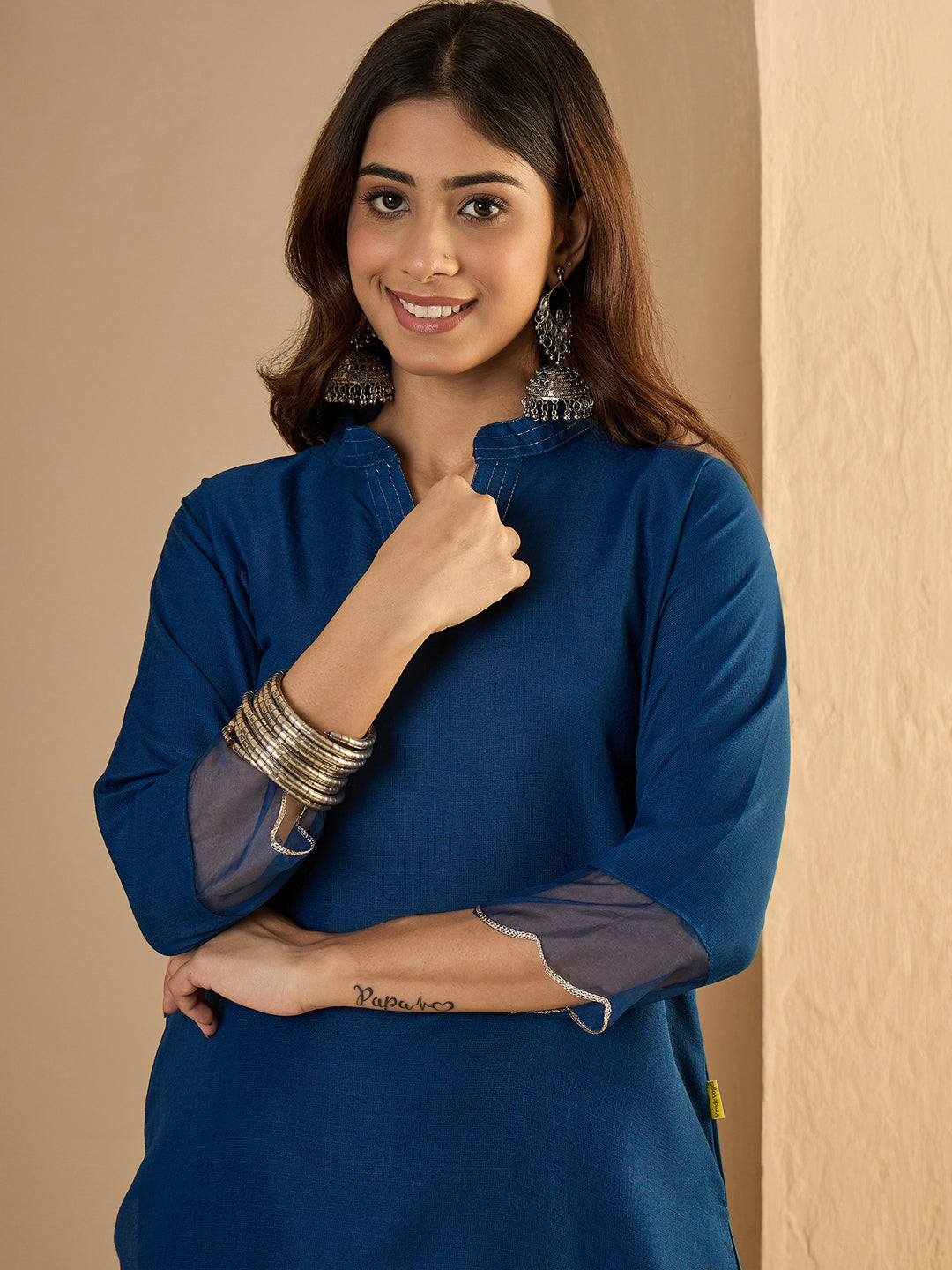 N-Blue Women Cotton Blend Straight Kurta Pant Set