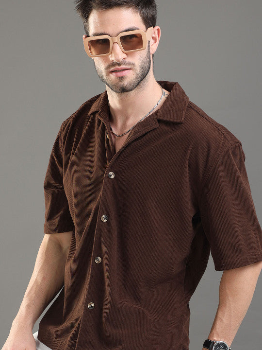 EARTHY TEXTURE | Brown Ribbed Cuban Collar Shirt