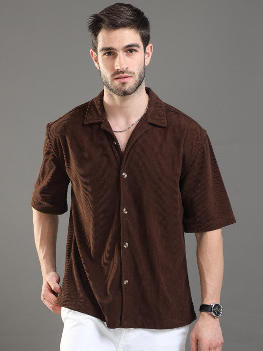 EARTHY TEXTURE | Brown Ribbed Cuban Collar Shirt