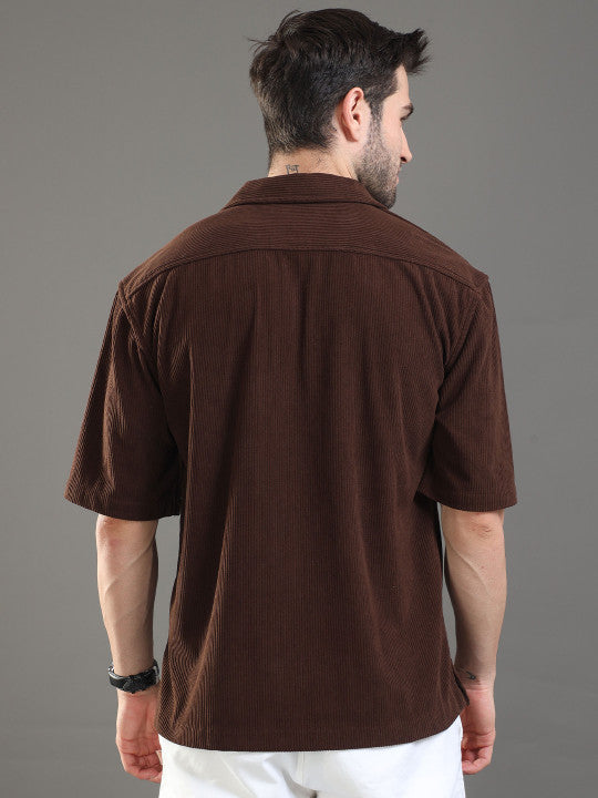 EARTHY TEXTURE | Brown Ribbed Cuban Collar Shirt