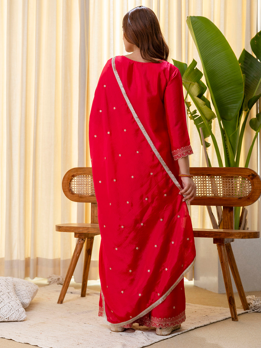 Rani Pink Sequinned Silk Blend Kurta Set