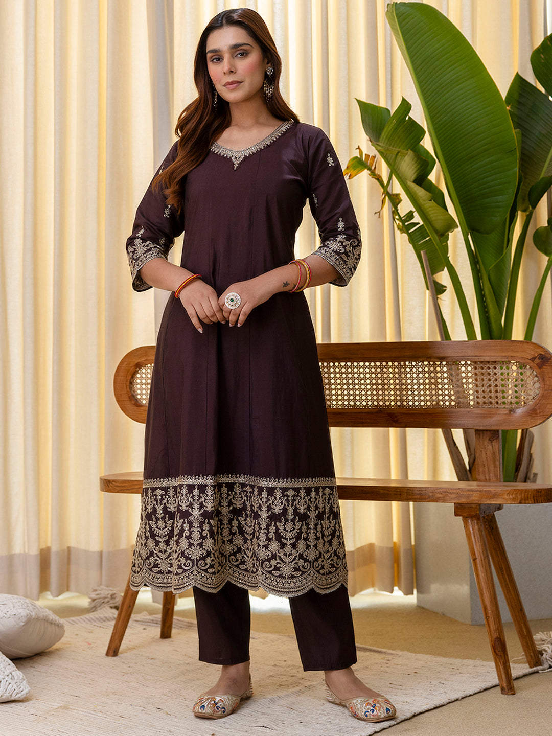 Vireya Coffee Embroidered Kurta Set