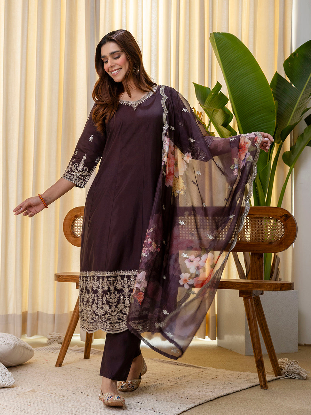 Vireya Coffee Embroidered Kurta Set