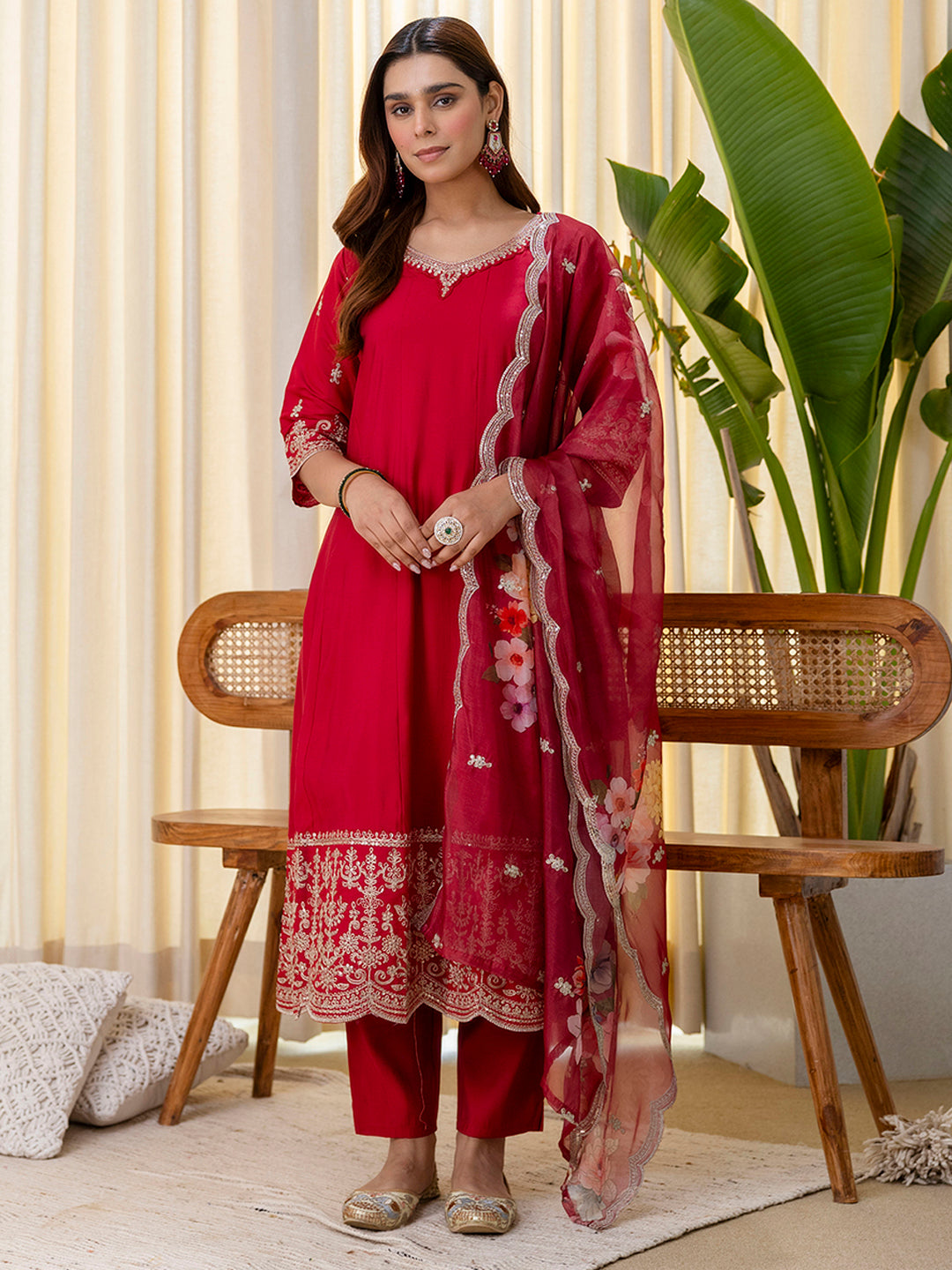 Vireya Cherry Red Embroidered Kurta Set