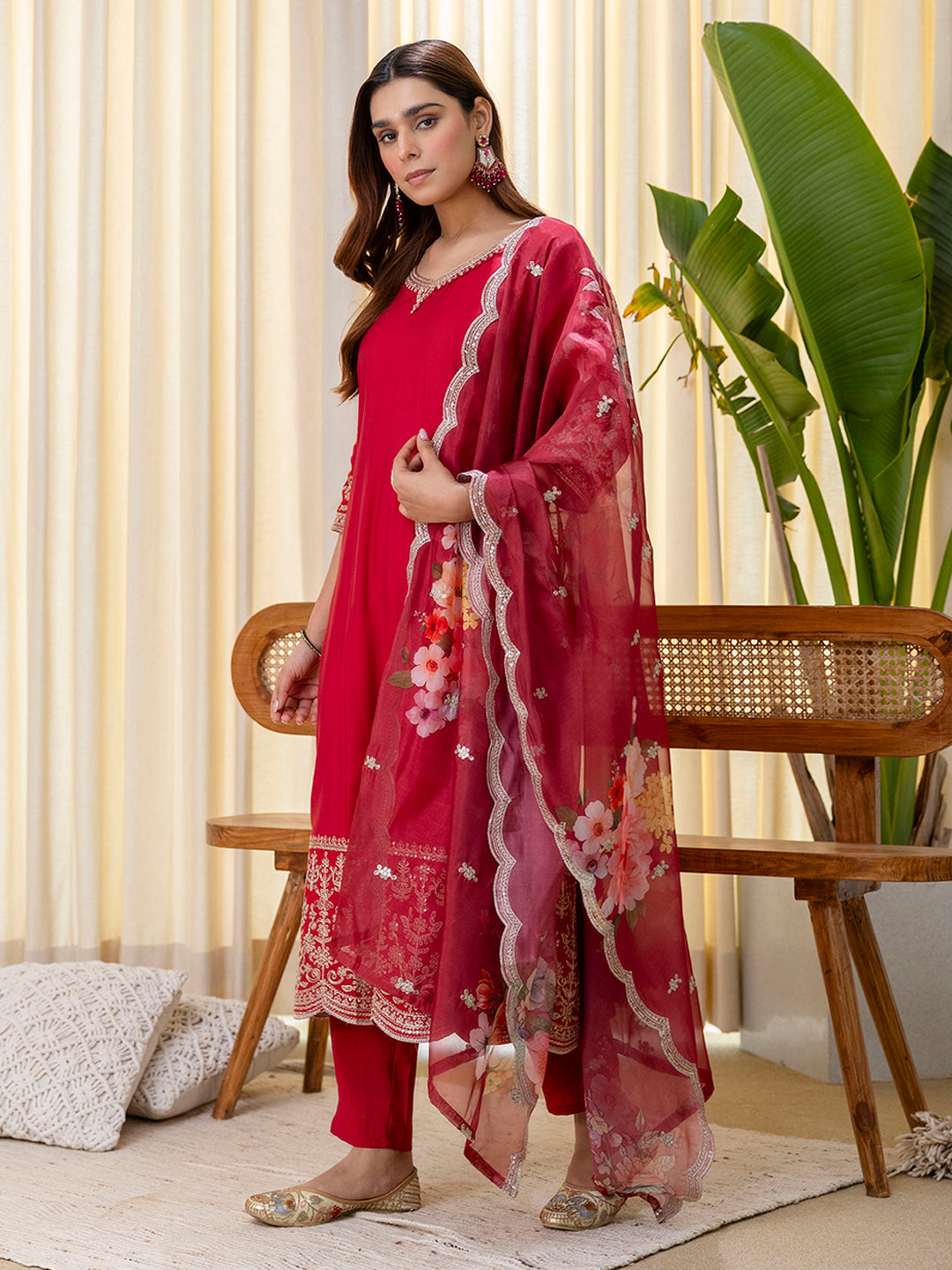 Vireya Cherry Red Embroidered Kurta Set