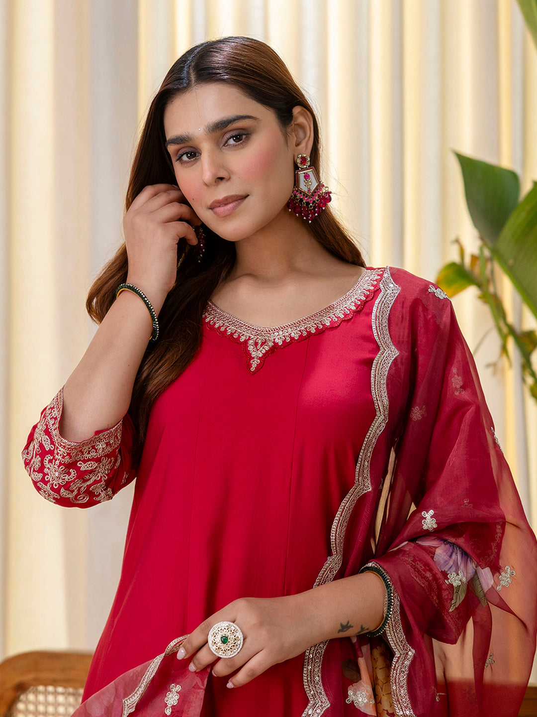 Vireya Cherry Red Embroidered Kurta Set