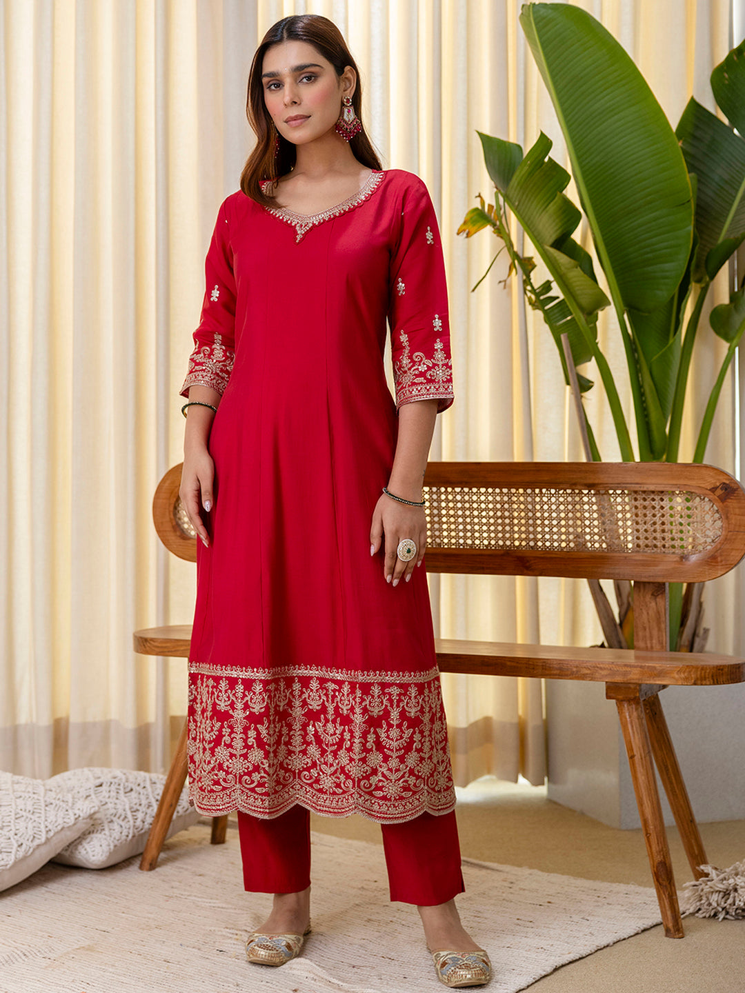 Vireya Cherry Red Embroidered Kurta Set