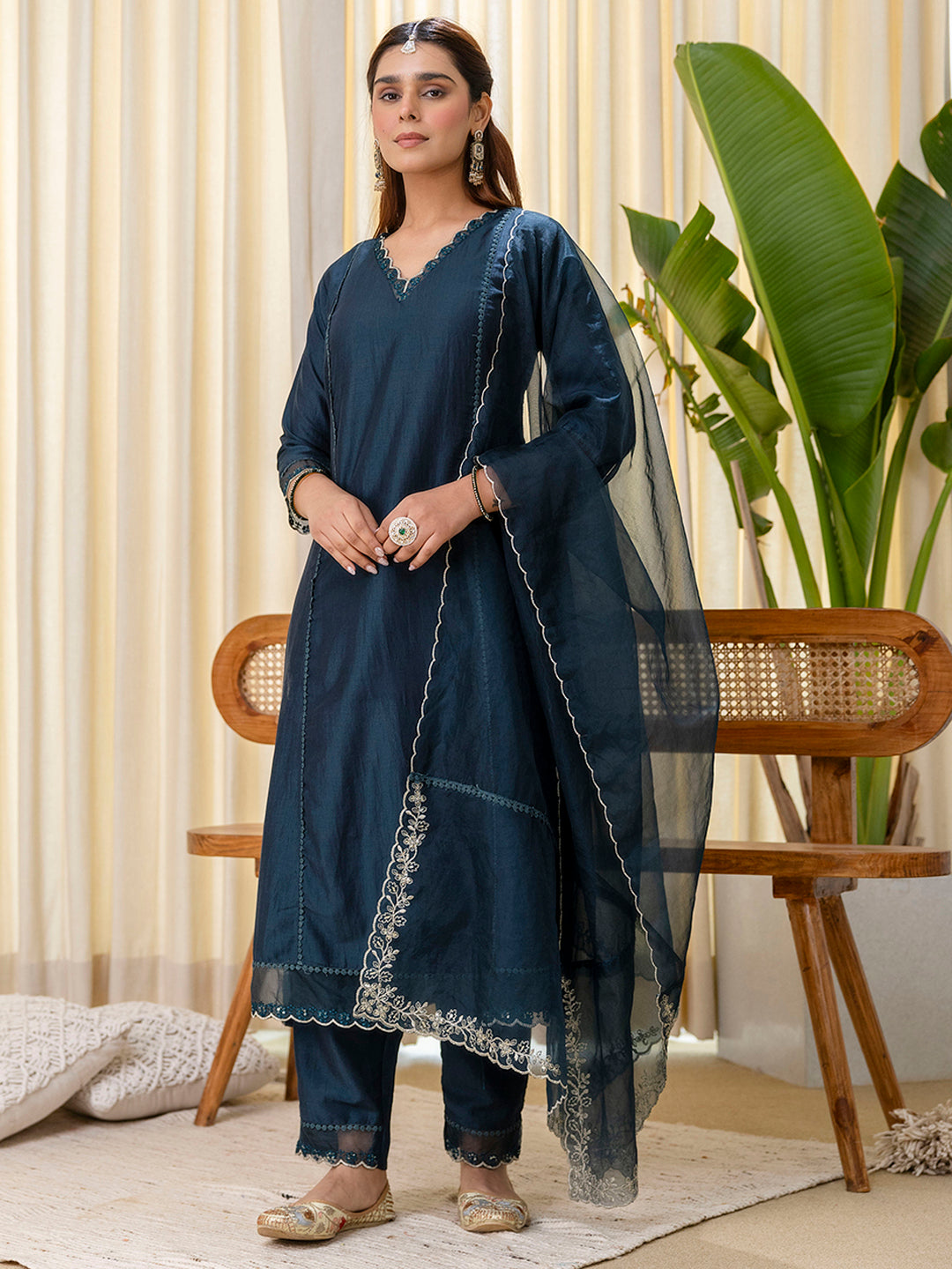 Sukoon Straight Kurta Set – Silk Blend with Sequins Work &amp; Embroidered Dupatta (Teal / Rust)