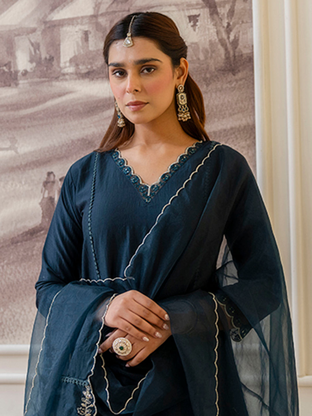 Sukoon Straight Kurta Set – Silk Blend with Sequins Work &amp; Embroidered Dupatta (Teal / Rust)