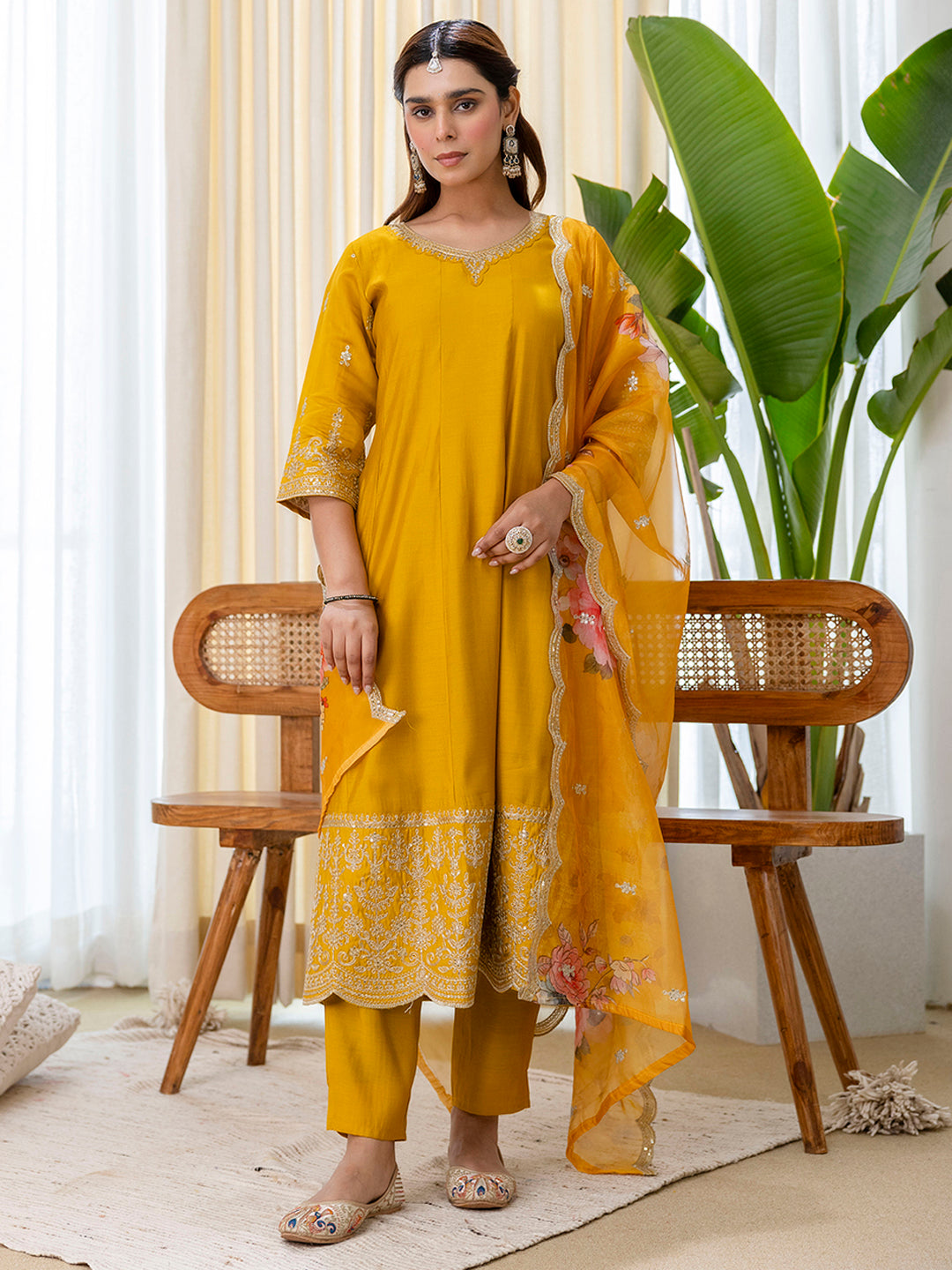 Vireya Mustard Embroidered Kurta Set