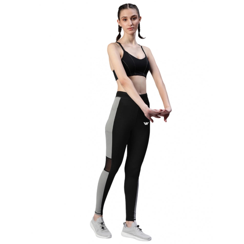 Generic Women's Polyster Solid Sport Leggings (Black &amp;amp; Grey)