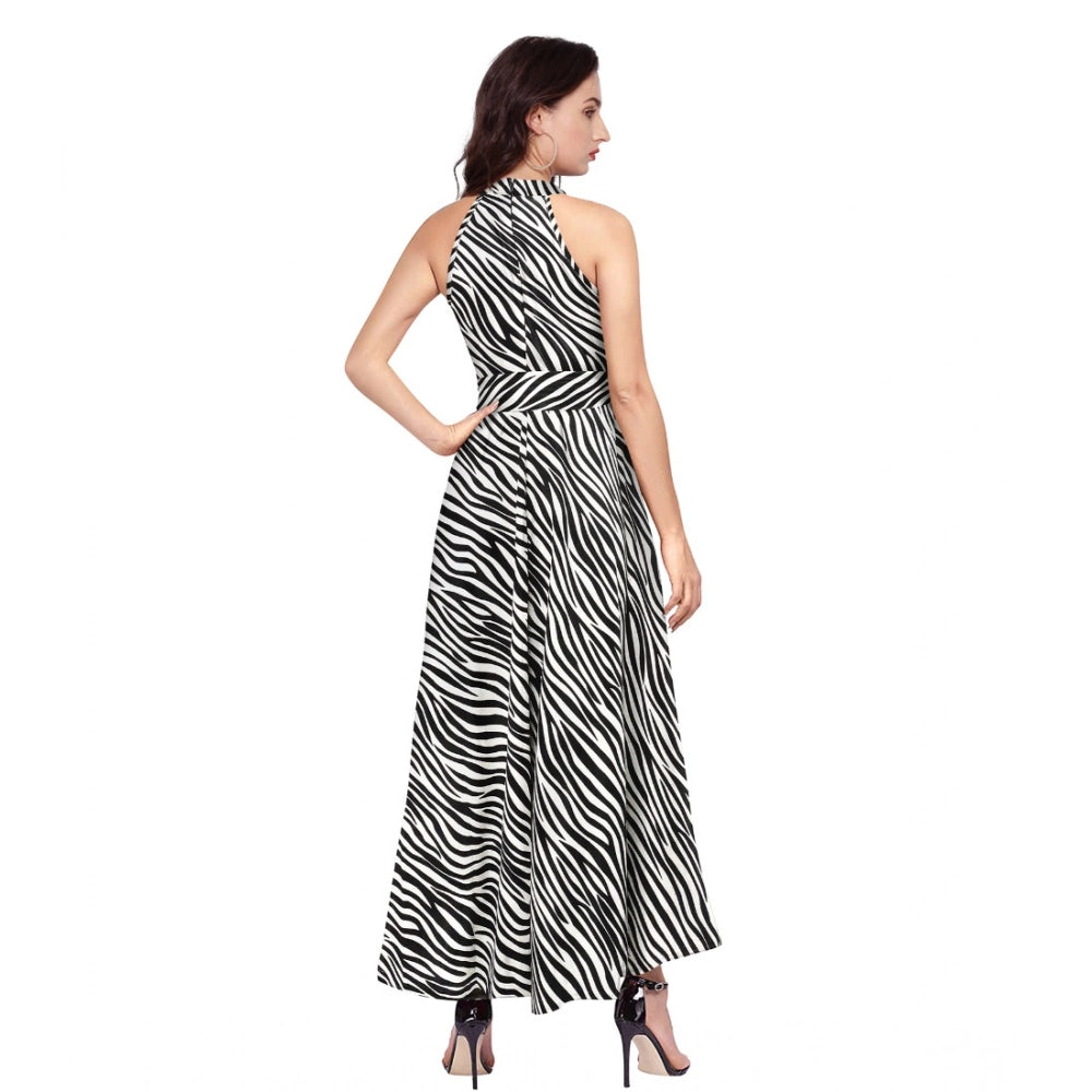 Generic Women's Polyester Zebra Pattern Halter Neck Sleeveless Dress (White)