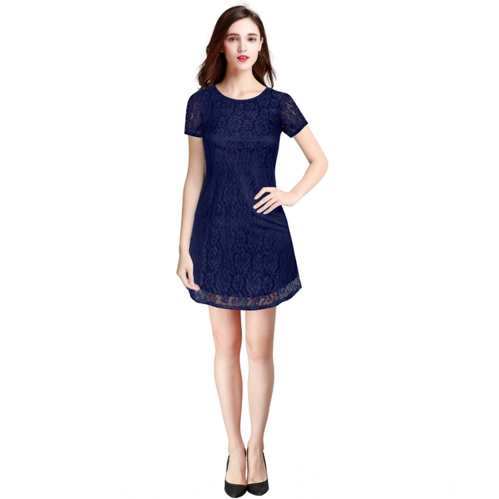 Generic Women's Rasal Solid Round Neck Cap Sleeve Dress (Blue)