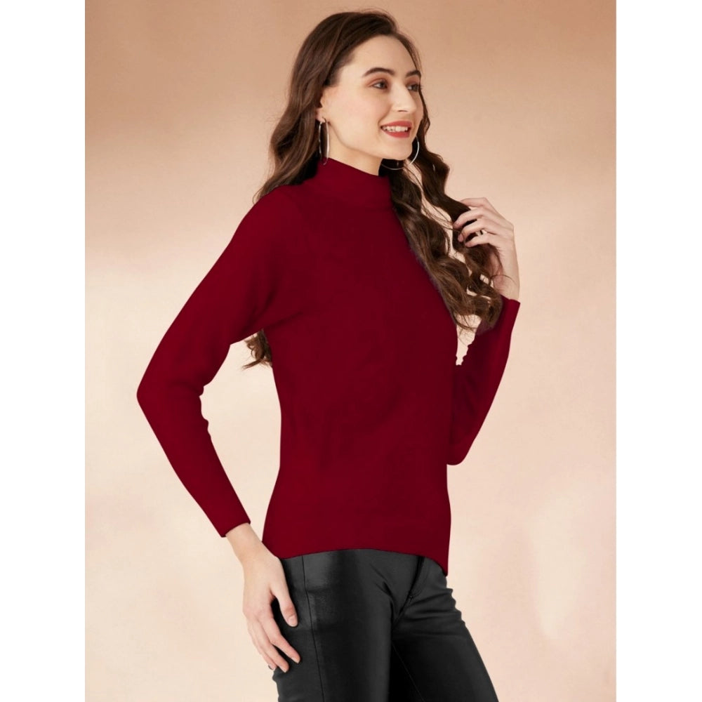 Generic Women's Polyester Solid High Neck Full Sleeve T-Shirt (Maroon)