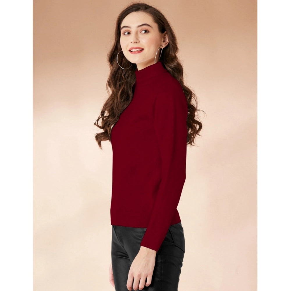 Generic Women's Polyester Solid High Neck Full Sleeve T-Shirt (Maroon)