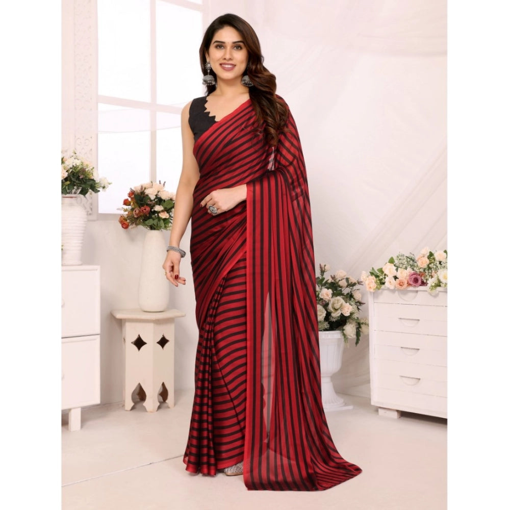 Generic Women's  Black Berry Striped Ready-to-Wear Saree With Unstitched Blouse 5.5 Mtr (Red-Black)