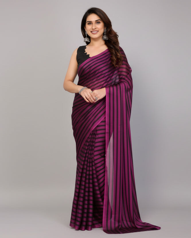 Generic Women's  Black Berry Striped Ready-to-Wear Saree With Unstitched Blouse 5.5 Mtr (Purple-Black)