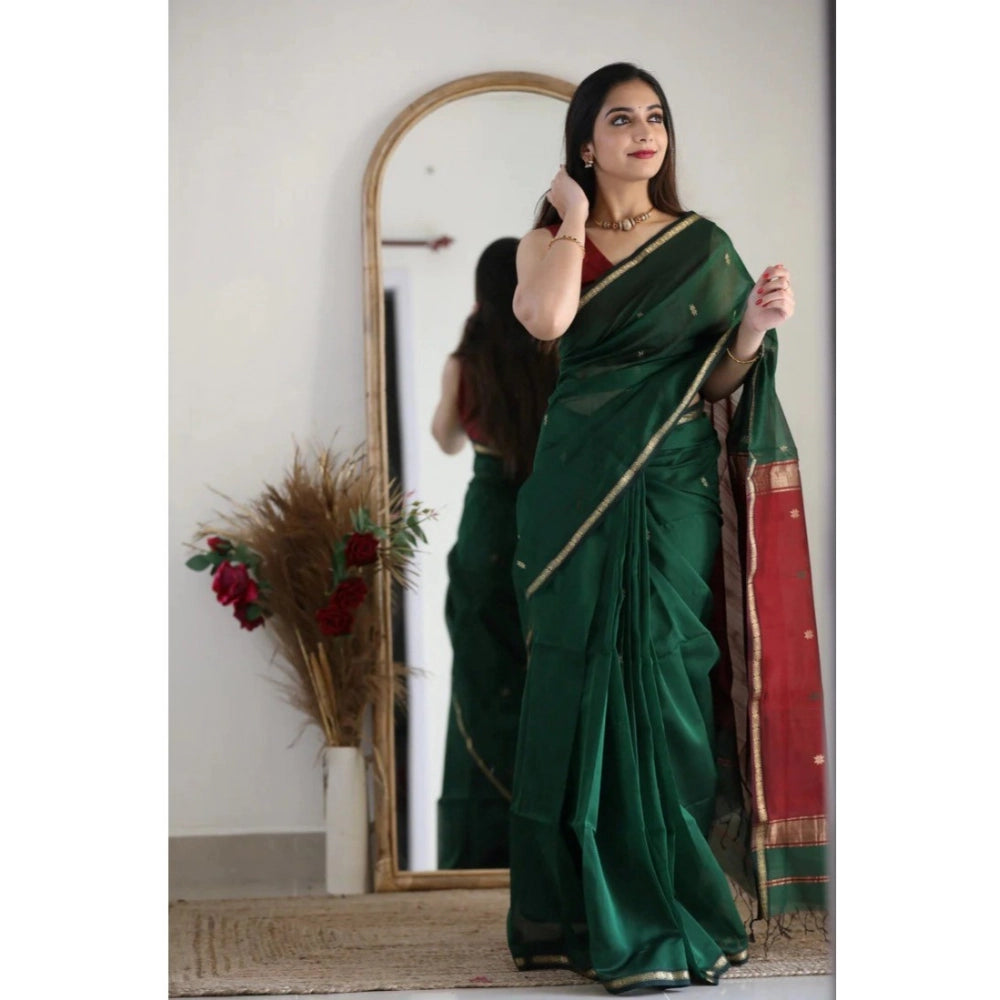 Generic Women's Cotton  Printed Saree With Unstitched Blouse 5.5Mtr (Dark Green)