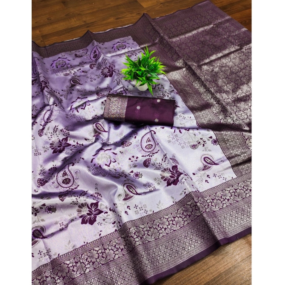 Generic Women's Banarasi Jacquard Printed Saree With Unstitched Blouse 5.5Mtr (Purple)