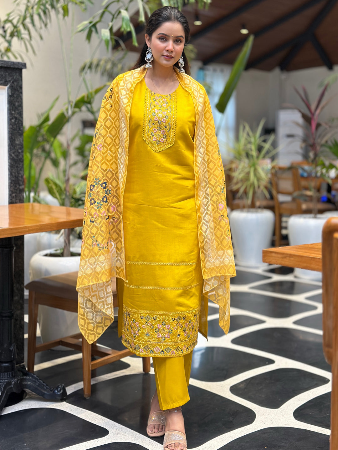 Tivra Yellow Straight Kurta Set – Silk Blend with Embroidered Dupatta