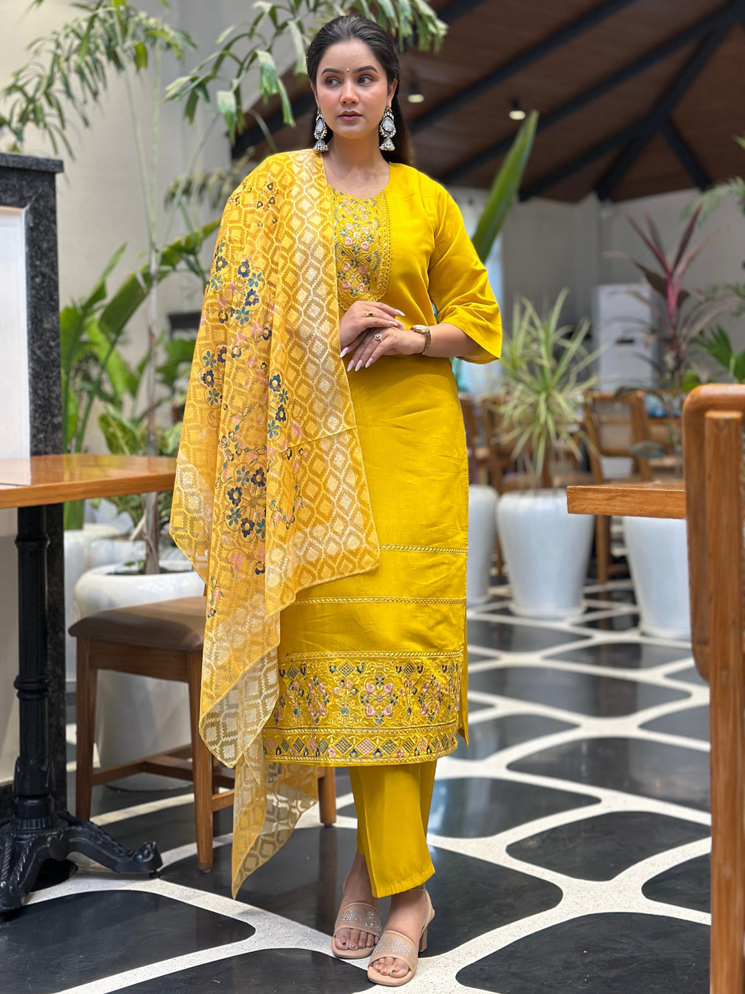 Tivra Yellow Straight Kurta Set – Silk Blend with Embroidered Dupatta