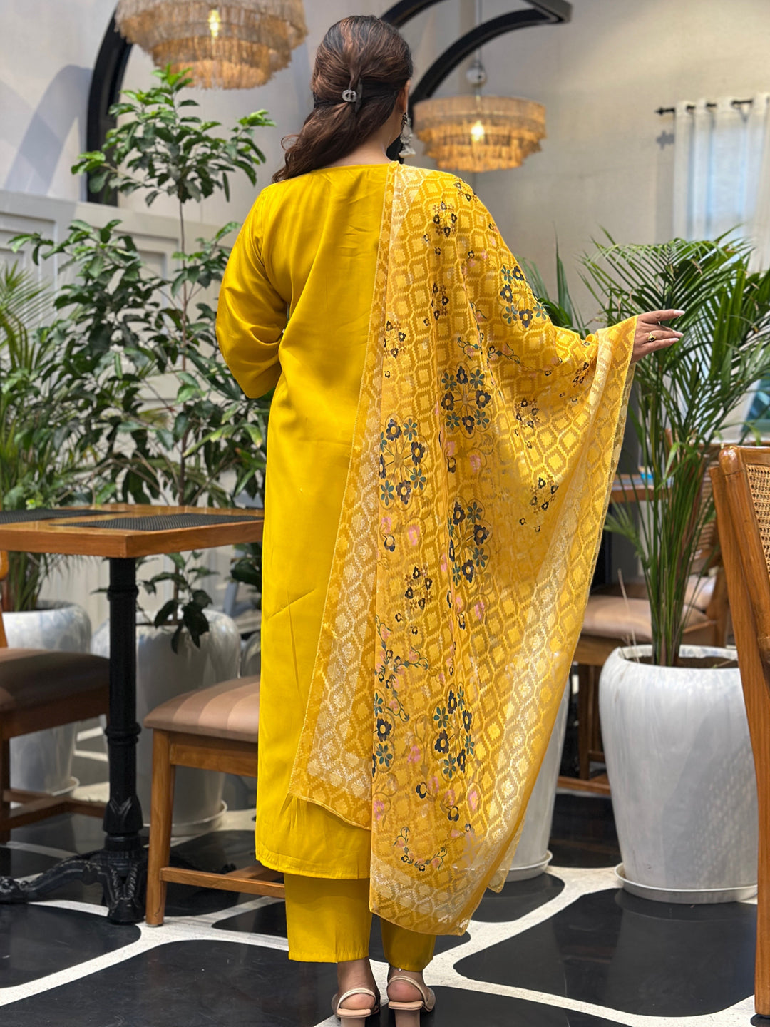 Tivra Yellow Straight Kurta Set – Silk Blend with Embroidered Dupatta