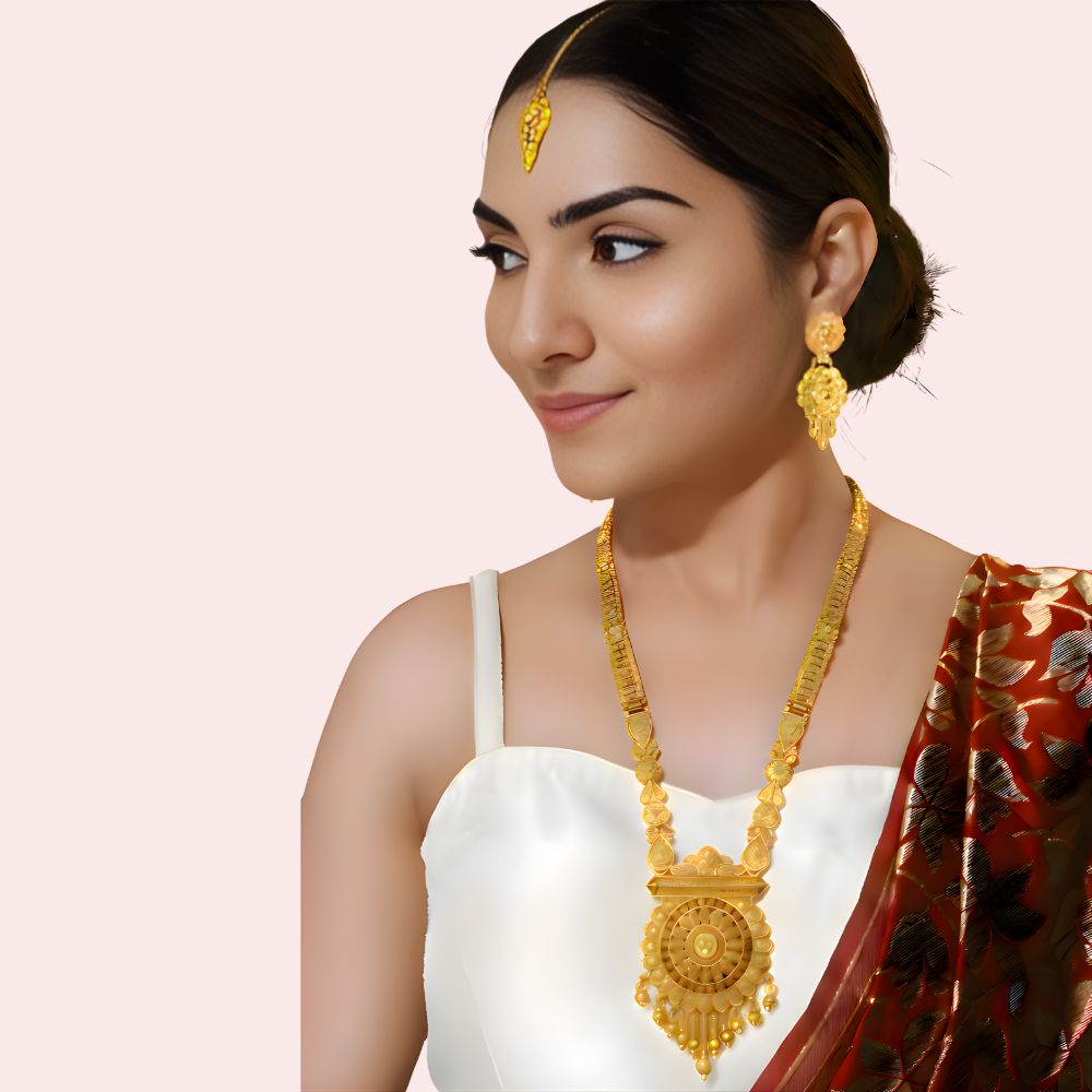 Traditional Temple Gold Necklace Set with Pendant, Earrings &amp; Maang Tikka