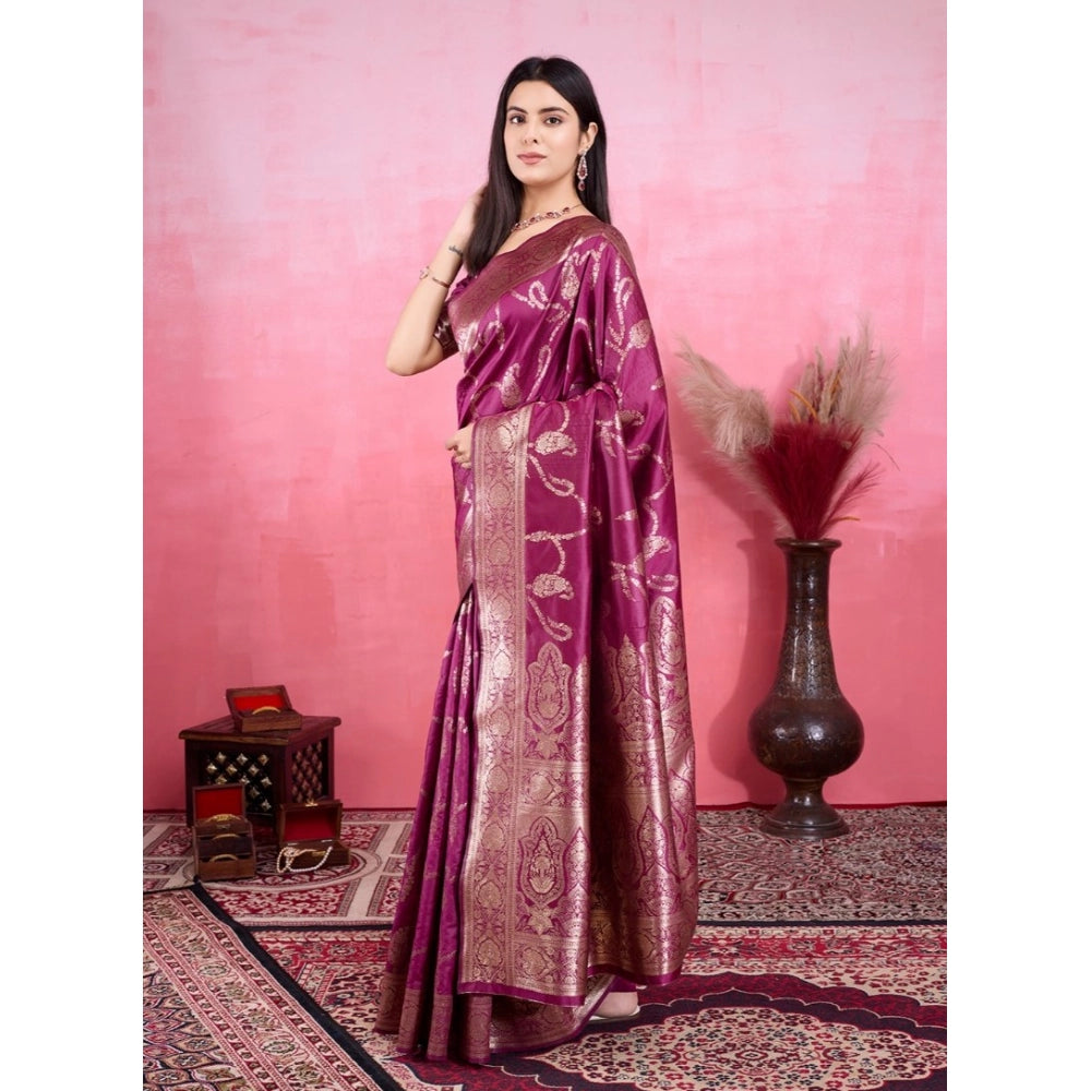 Generic Women's Banarasi Silk Printed Saree With Unstitched Blouse 5.5Mtr (Wine)