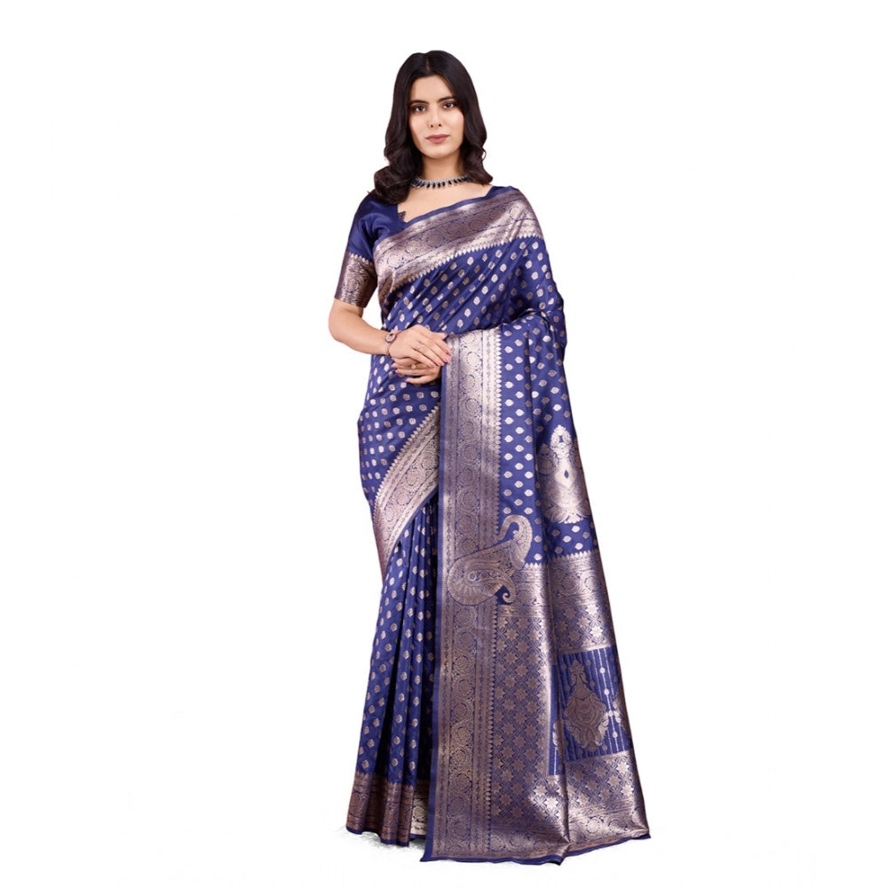 Generic Women's Banarasi Silk Printed Saree With Unstitched Blouse 5.5Mtr (Blue)